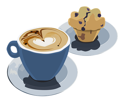 Illustration of a coffee cup and blueberry muffin on plates